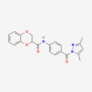 molecular formula C21H19N3O4 B4175232 N-{4-[(3,5-dimethyl-1H-pyrazol-1-yl)carbonyl]phenyl}-2,3-dihydro-1,4-benzodioxine-2-carboxamide 