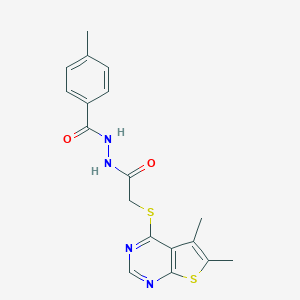 molecular formula C18H18N4O2S2 B417527 2-[(5,6-dimethylthieno[2,3-d]pyrimidin-4-yl)sulfanyl]-N'-[(4-methylphenyl)carbonyl]acetohydrazide 