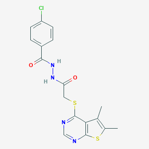 molecular formula C17H15ClN4O2S2 B417534 N'-[(4-chlorophenyl)carbonyl]-2-[(5,6-dimethylthieno[2,3-d]pyrimidin-4-yl)sulfanyl]acetohydrazide 