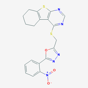 molecular formula C19H15N5O3S2 B417536 4-{[(5-{2-Nitrophenyl}-1,3,4-oxadiazol-2-yl)methyl]sulfanyl}-5,6,7,8-tetrahydro[1]benzothieno[2,3-d]pyrimidine 