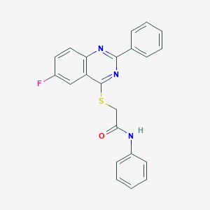 molecular formula C22H16FN3OS B417539 2-[(6-fluoro-2-phenylquinazolin-4-yl)sulfanyl]-N-phenylacetamide 