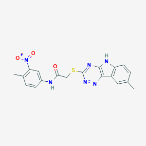 molecular formula C19H16N6O3S B417542 N-{3-nitro-4-methylphenyl}-2-[(8-methyl-5H-[1,2,4]triazino[5,6-b]indol-3-yl)sulfanyl]acetamide 