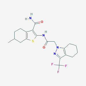 molecular formula C20H23F3N4O2S B417547 6-methyl-2-({[3-(trifluoromethyl)-4,5,6,7-tetrahydro-1H-indazol-1-yl]acetyl}amino)-4,5,6,7-tetrahydro-1-benzothiophene-3-carboxamide 