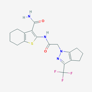 molecular formula C18H19F3N4O2S B417550 2-({[3-(trifluoromethyl)-5,6-dihydrocyclopenta[c]pyrazol-1(4H)-yl]acetyl}amino)-4,5,6,7-tetrahydro-1-benzothiophene-3-carboxamide 