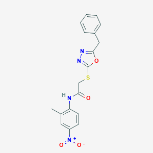 molecular formula C18H16N4O4S B417577 2-[(5-benzyl-1,3,4-oxadiazol-2-yl)sulfanyl]-N-(2-methyl-4-nitrophenyl)acetamide 