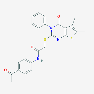 molecular formula C24H21N3O3S2 B417601 N-(4-acetylphenyl)-2-[(5,6-dimethyl-4-oxo-3-phenyl-3,4-dihydrothieno[2,3-d]pyrimidin-2-yl)sulfanyl]acetamide 