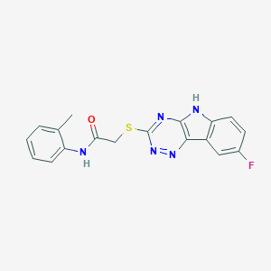 molecular formula C18H14FN5OS B417602 2-[(8-fluoro-5H-[1,2,4]triazino[5,6-b]indol-3-yl)sulfanyl]-N-(2-methylphenyl)acetamide 