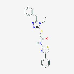 molecular formula C22H21N5OS2 B417614 2-[(5-benzyl-4-ethyl-4H-1,2,4-triazol-3-yl)sulfanyl]-N-(4-phenyl-1,3-thiazol-2-yl)acetamide 