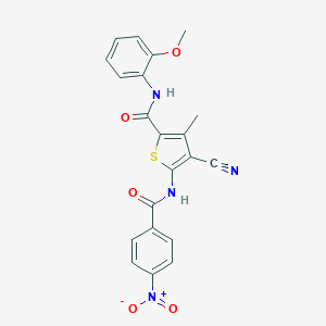 molecular formula C21H16N4O5S B417634 4-cyano-5-({4-nitrobenzoyl}amino)-N-(2-methoxyphenyl)-3-methyl-2-thiophenecarboxamide 