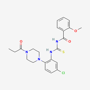 molecular formula C22H25ClN4O3S B4176439 N-({[5-chloro-2-(4-propionyl-1-piperazinyl)phenyl]amino}carbonothioyl)-2-methoxybenzamide 
