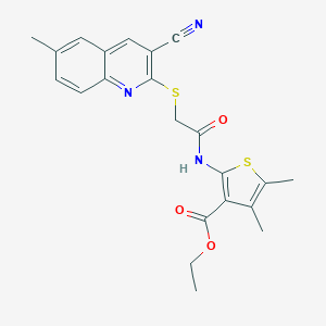 molecular formula C22H21N3O3S2 B417653 Ethyl 2-({[(3-cyano-6-methyl-2-quinolinyl)sulfanyl]acetyl}amino)-4,5-dimethyl-3-thiophenecarboxylate 