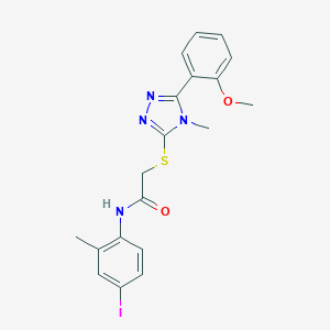 molecular formula C19H19IN4O2S B417663 N-(4-iodo-2-methylphenyl)-2-({4-methyl-5-[2-(methyloxy)phenyl]-4H-1,2,4-triazol-3-yl}sulfanyl)acetamide 