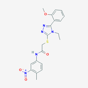 molecular formula C20H21N5O4S B417666 2-({4-ethyl-5-[2-(methyloxy)phenyl]-4H-1,2,4-triazol-3-yl}sulfanyl)-N-{3-nitro-4-methylphenyl}acetamide 