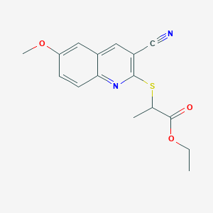 molecular formula C16H16N2O3S B417676 Ethyl 2-[(3-cyano-6-methoxy-2-quinolinyl)sulfanyl]propanoate 