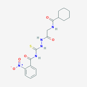 molecular formula C17H21N5O5S B4176802 N-[(2-{[(cyclohexylcarbonyl)amino]acetyl}hydrazino)carbonothioyl]-2-nitrobenzamide 