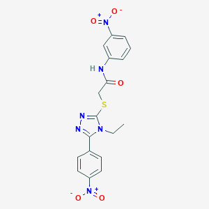 molecular formula C18H16N6O5S B417685 2-[(4-ethyl-5-{4-nitrophenyl}-4H-1,2,4-triazol-3-yl)sulfanyl]-N-{3-nitrophenyl}acetamide 