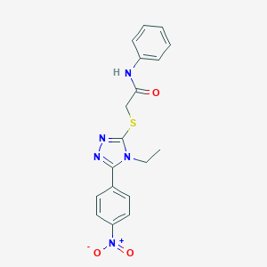molecular formula C18H17N5O3S B417688 2-[(4-ethyl-5-{4-nitrophenyl}-4H-1,2,4-triazol-3-yl)sulfanyl]-N-phenylacetamide 