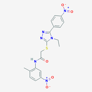 molecular formula C19H18N6O5S B417692 2-[(4-ethyl-5-{4-nitrophenyl}-4H-1,2,4-triazol-3-yl)sulfanyl]-N-{5-nitro-2-methylphenyl}acetamide 