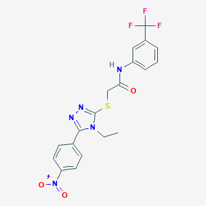 molecular formula C19H16F3N5O3S B417697 2-[(4-ethyl-5-{4-nitrophenyl}-4H-1,2,4-triazol-3-yl)sulfanyl]-N-[3-(trifluoromethyl)phenyl]acetamide 