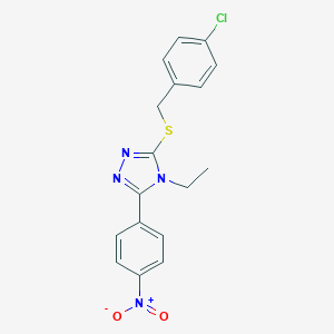 molecular formula C17H15ClN4O2S B417701 3-[(4-chlorobenzyl)sulfanyl]-4-ethyl-5-{4-nitrophenyl}-4H-1,2,4-triazole 