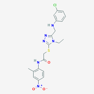 molecular formula C20H21ClN6O3S B417706 2-[(5-{[(3-chlorophenyl)amino]methyl}-4-ethyl-4H-1,2,4-triazol-3-yl)sulfanyl]-N-{4-nitro-2-methylphenyl}acetamide 