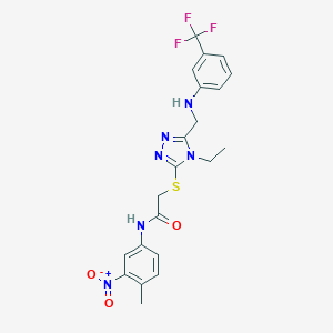 molecular formula C21H21F3N6O3S B417712 2-{[4-ethyl-5-({[3-(trifluoromethyl)phenyl]amino}methyl)-4H-1,2,4-triazol-3-yl]sulfanyl}-N-{3-nitro-4-methylphenyl}acetamide 