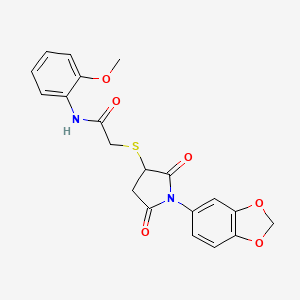 molecular formula C20H18N2O6S B4177151 2-{[1-(1,3-benzodioxol-5-yl)-2,5-dioxo-3-pyrrolidinyl]thio}-N-(2-methoxyphenyl)acetamide 