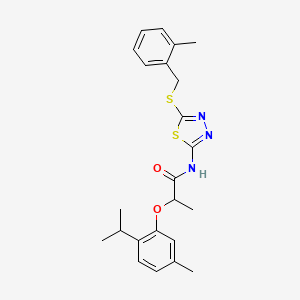 molecular formula C23H27N3O2S2 B4177202 2-(2-isopropyl-5-methylphenoxy)-N-{5-[(2-methylbenzyl)thio]-1,3,4-thiadiazol-2-yl}propanamide 