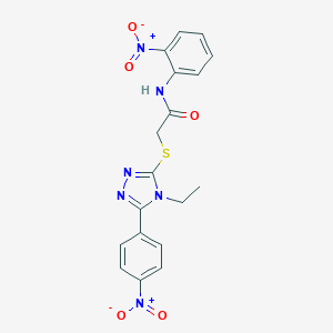 molecular formula C18H16N6O5S B417722 2-[(4-ethyl-5-{4-nitrophenyl}-4H-1,2,4-triazol-3-yl)sulfanyl]-N-{2-nitrophenyl}acetamide 