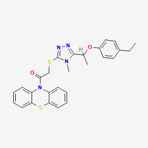 molecular formula C27H26N4O2S2 B4177255 10-[({5-[1-(4-ethylphenoxy)ethyl]-4-methyl-4H-1,2,4-triazol-3-yl}thio)acetyl]-10H-phenothiazine 