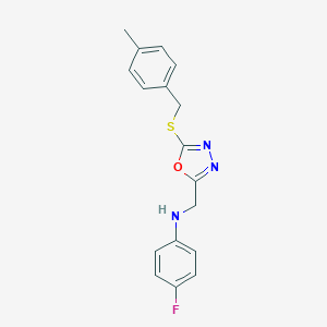 molecular formula C17H16FN3OS B417727 4-fluoro-N-[(5-{[(4-methylphenyl)methyl]sulfanyl}-1,3,4-oxadiazol-2-yl)methyl]aniline 