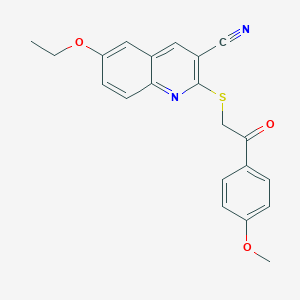 molecular formula C21H18N2O3S B417728 6-Ethoxy-2-[2-(4-methoxyphenyl)-2-oxoethyl]sulfanylquinoline-3-carbonitrile 