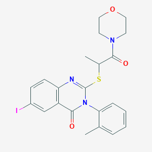 molecular formula C22H22IN3O3S B4177459 6-iodo-2-{[1-methyl-2-(4-morpholinyl)-2-oxoethyl]thio}-3-(2-methylphenyl)-4(3H)-quinazolinone 