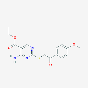 molecular formula C16H17N3O4S B417780 Ethyl 4-amino-2-({2-[4-(methyloxy)phenyl]-2-oxoethyl}sulfanyl)pyrimidine-5-carboxylate 