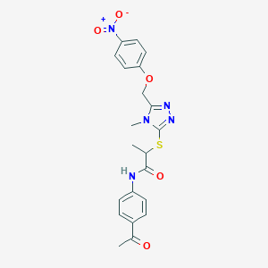 molecular formula C21H21N5O5S B417803 N-(4-acetylphenyl)-2-{[5-({4-nitrophenoxy}methyl)-4-methyl-4H-1,2,4-triazol-3-yl]sulfanyl}propanamide 
