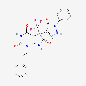 molecular formula C25H20F3N5O4 B4178084 5-(5-methyl-3-oxo-2-phenyl-2,3-dihydro-1H-pyrazol-4-yl)-1-(2-phenylethyl)-5-(trifluoromethyl)-5,7-dihydro-1H-pyrrolo[2,3-d]pyrimidine-2,4,6(3H)-trione 