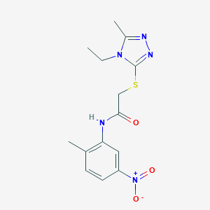 molecular formula C14H17N5O3S B417833 2-[(4-ethyl-5-methyl-4H-1,2,4-triazol-3-yl)sulfanyl]-N-{5-nitro-2-methylphenyl}acetamide 