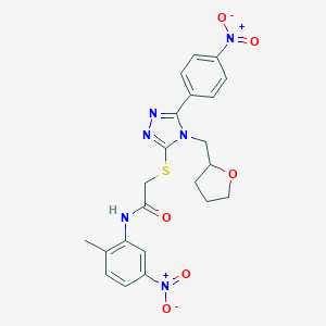 molecular formula C22H22N6O6S B417844 N-{5-nitro-2-methylphenyl}-2-{[5-{4-nitrophenyl}-4-(tetrahydro-2-furanylmethyl)-4H-1,2,4-triazol-3-yl]sulfanyl}acetamide 