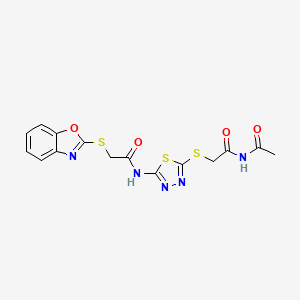 molecular formula C15H13N5O4S3 B4178559 N-(5-{[2-(acetylamino)-2-oxoethyl]thio}-1,3,4-thiadiazol-2-yl)-2-(1,3-benzoxazol-2-ylthio)acetamide 