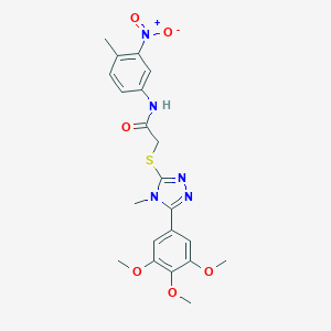 molecular formula C21H23N5O6S B417864 N-{3-nitro-4-methylphenyl}-2-({4-methyl-5-[3,4,5-tris(methyloxy)phenyl]-4H-1,2,4-triazol-3-yl}sulfanyl)acetamide 