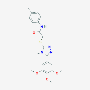 molecular formula C21H24N4O4S B417869 N-(4-methylphenyl)-2-({4-methyl-5-[3,4,5-tris(methyloxy)phenyl]-4H-1,2,4-triazol-3-yl}sulfanyl)acetamide 