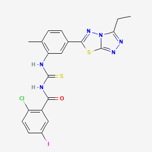 molecular formula C20H16ClIN6OS2 B4178716 2-chloro-N-({[5-(3-ethyl[1,2,4]triazolo[3,4-b][1,3,4]thiadiazol-6-yl)-2-methylphenyl]amino}carbonothioyl)-5-iodobenzamide 