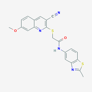 molecular formula C21H16N4O2S2 B417899 2-{[3-cyano-7-(methyloxy)quinolin-2-yl]sulfanyl}-N-(2-methyl-1,3-benzothiazol-5-yl)acetamide 