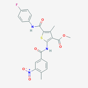 molecular formula C22H18FN3O6S B417915 Methyl 5-[(4-fluorophenyl)carbamoyl]-4-methyl-2-[(4-methyl-3-nitrobenzoyl)amino]thiophene-3-carboxylate 