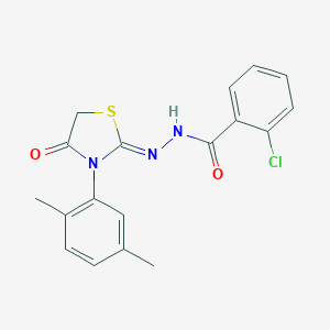 molecular formula C18H16ClN3O2S B417923 2-chloro-N'-[3-(2,5-dimethylphenyl)-4-oxo-1,3-thiazolidin-2-ylidene]benzohydrazide 