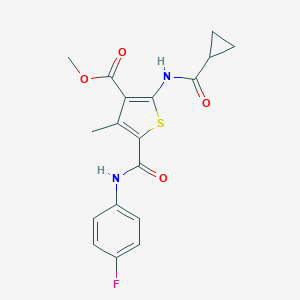 molecular formula C18H17FN2O4S B417925 Methyl 2-[(cyclopropylcarbonyl)amino]-5-{[(4-fluorophenyl)amino]carbonyl}-4-methylthiophene-3-carboxylate 