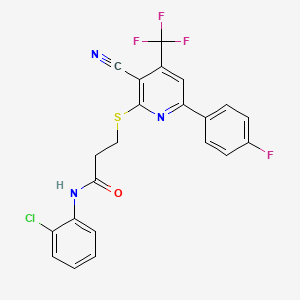 molecular formula C22H14ClF4N3OS B4179255 N-(2-chlorophenyl)-3-{[3-cyano-6-(4-fluorophenyl)-4-(trifluoromethyl)-2-pyridinyl]thio}propanamide 