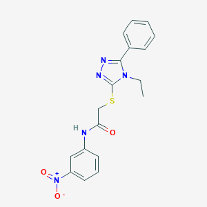 molecular formula C18H17N5O3S B417942 2-[(4-ethyl-5-phenyl-4H-1,2,4-triazol-3-yl)sulfanyl]-N-{3-nitrophenyl}acetamide 