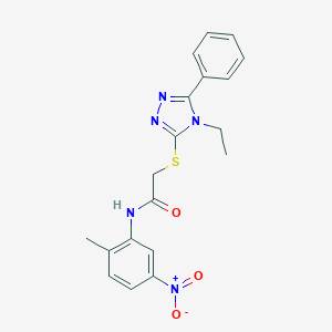 molecular formula C19H19N5O3S B417944 2-[(4-ethyl-5-phenyl-4H-1,2,4-triazol-3-yl)sulfanyl]-N-{5-nitro-2-methylphenyl}acetamide 