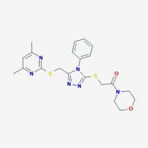 molecular formula C21H24N6O2S2 B417952 4-{[(5-{[(4,6-dimethylpyrimidin-2-yl)sulfanyl]methyl}-4-phenyl-4H-1,2,4-triazol-3-yl)sulfanyl]acetyl}morpholine 